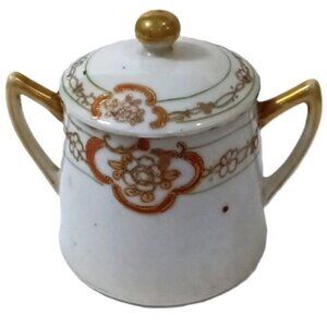 Antique Nippon Porcelain Hand Painted Condiment Pot w/ Lid Orange & Gold Decor